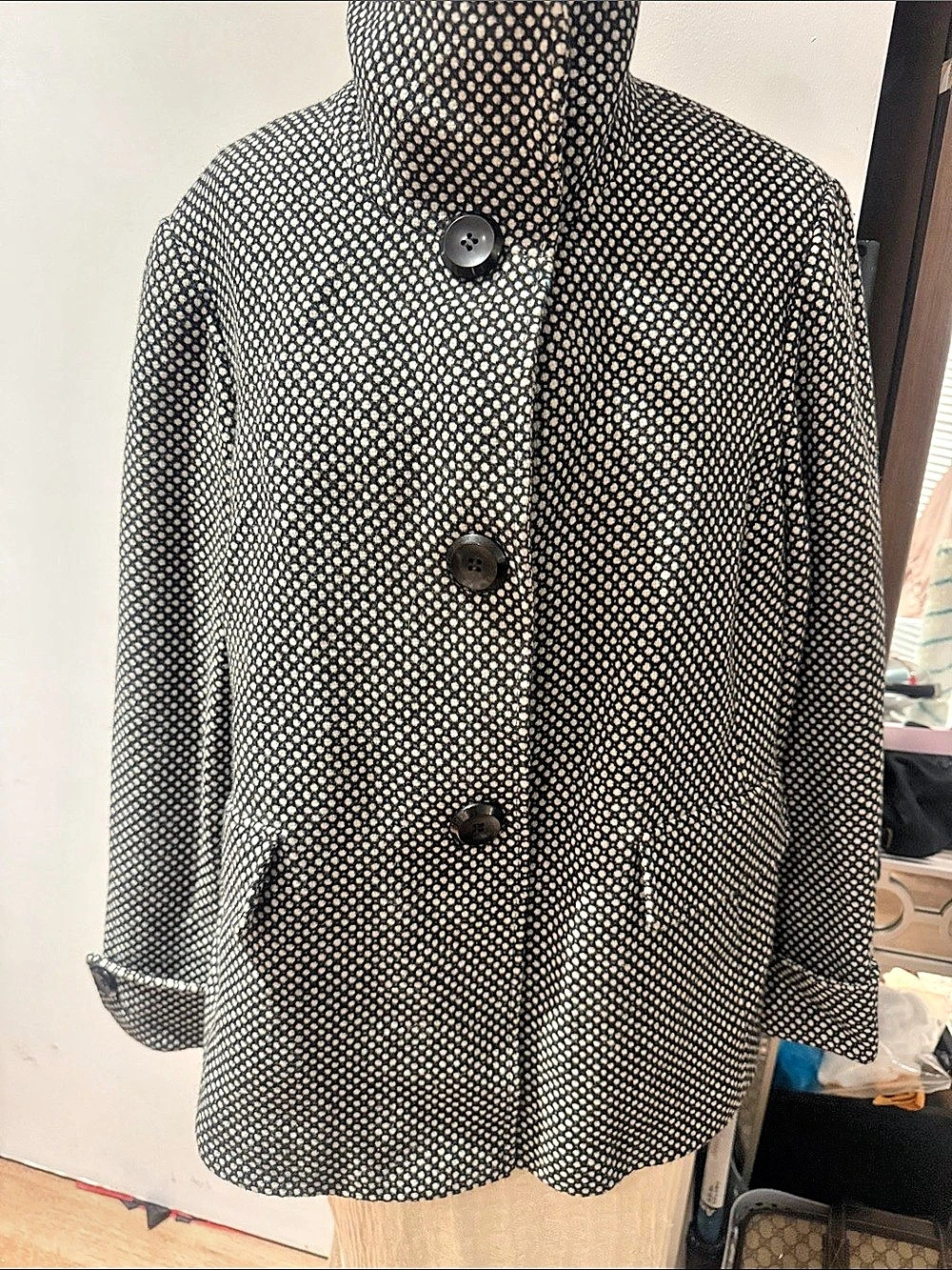 Ellen Tracy Black and White Tweed Funnel Neck Button Jacket Size 14W